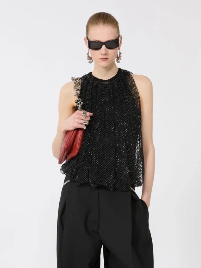 Mesh top with crystals, black