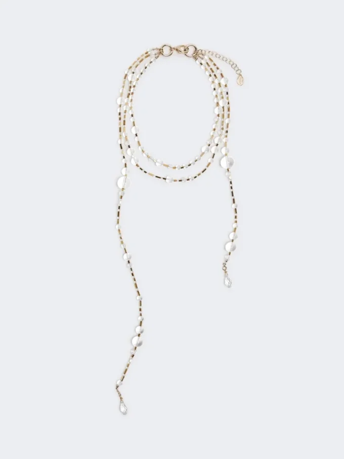 Multi-strand metal and glass necklace, optical white Multi-strand metal and glass necklace, optical white