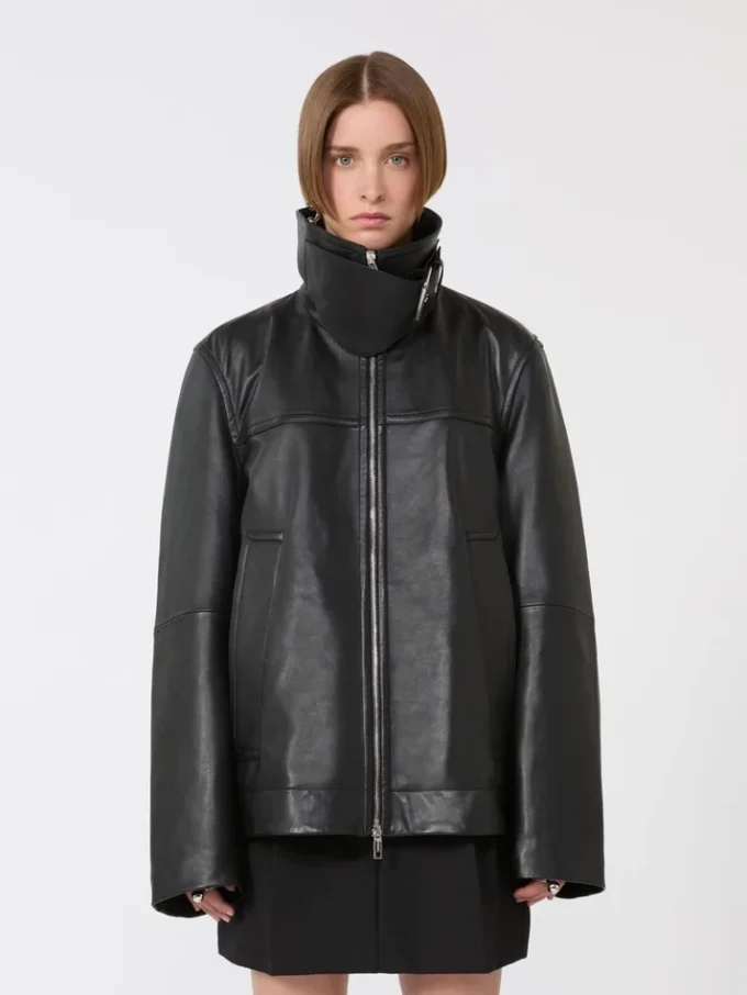 Oversized leather heavy jacket, black