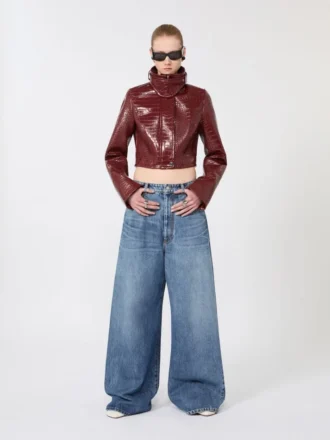 Patent leather cropped jacket with alligator print, dark red