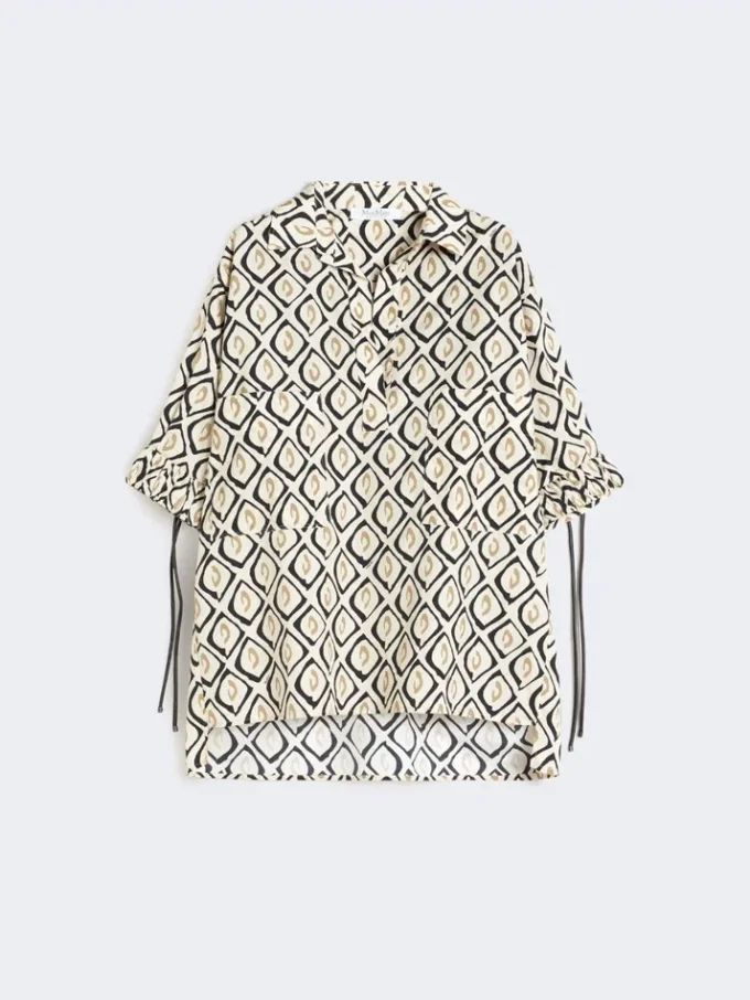 Oversized printed poplin shirt, beige