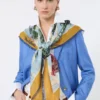 Oversized scarf in printed silk and wool, mustard