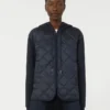 Padded, hooded jacket in water-repellent canvas and jersey, navy Padded, hooded jacket in water-repellent canvas and jersey, navy