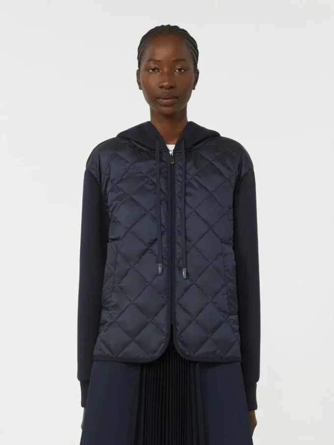 Padded, hooded jacket in water-repellent canvas and jersey, navy Padded, hooded jacket in water-repellent canvas and jersey, navy