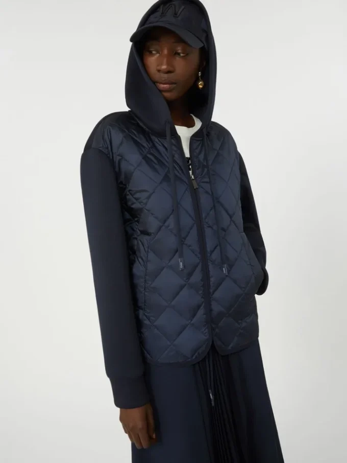 Padded, hooded jacket in water-repellent canvas and jersey, navy Padded, hooded jacket in water-repellent canvas and jersey, navy
