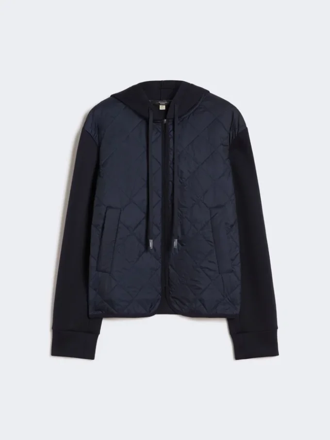Padded, hooded jacket in water-repellent canvas and jersey, navy Padded, hooded jacket in water-repellent canvas and jersey, navy