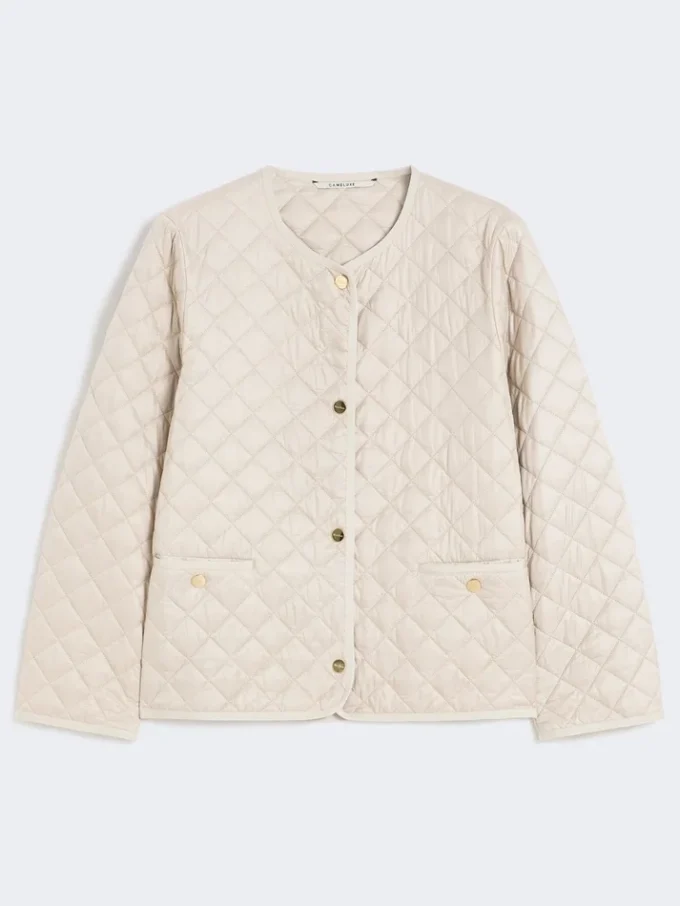 Padded water-repellent canvas round-neck jacket, natural