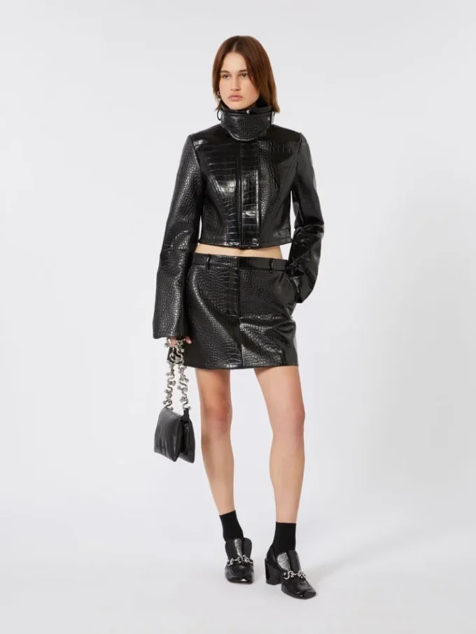 Patent leather cropped jacket with alligator print, black Patent leather cropped jacket with alligator print, black