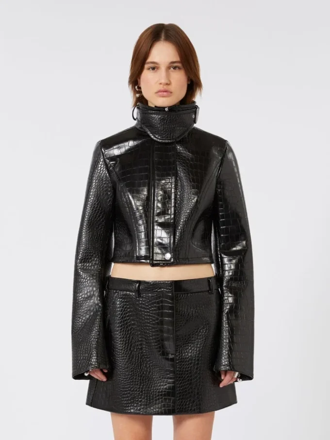 Patent leather cropped jacket with alligator print, black Patent leather cropped jacket with alligator print, black