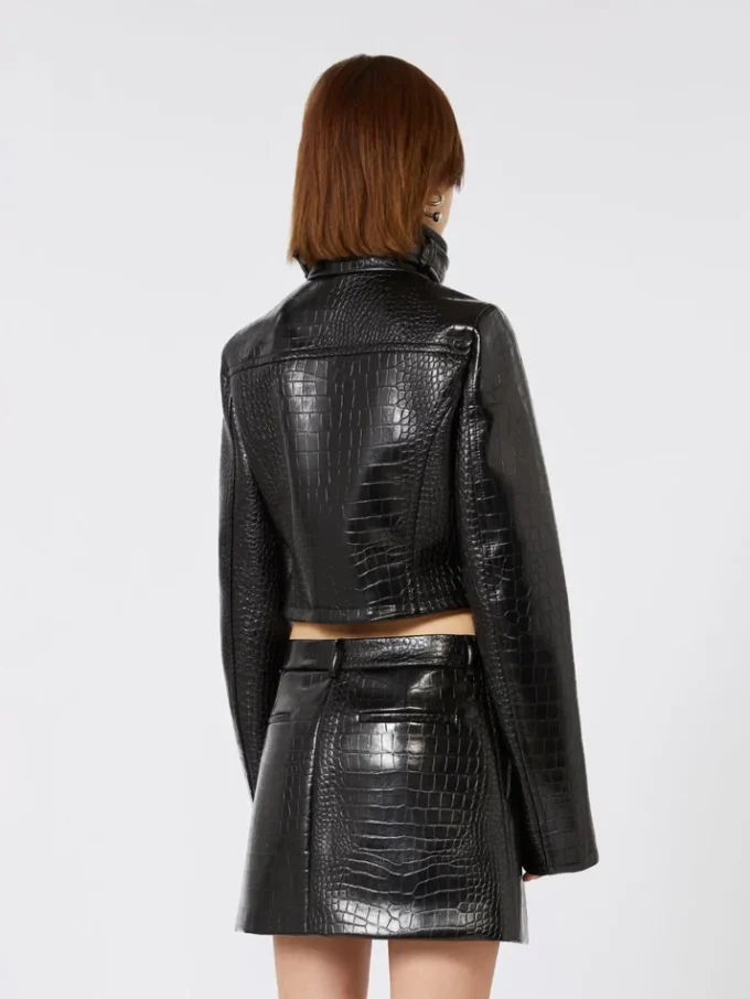 Patent leather cropped jacket with alligator print, black Patent leather cropped jacket with alligator print, black