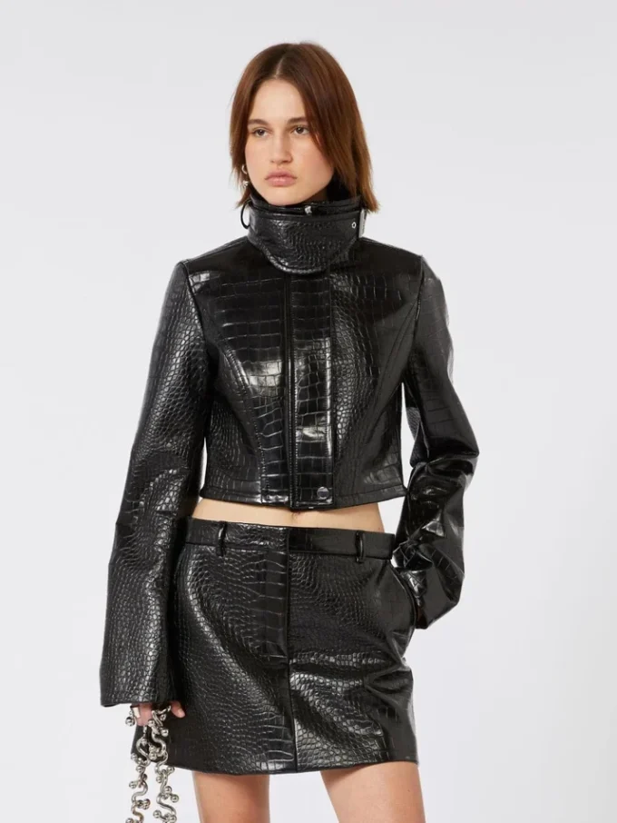 Patent leather cropped jacket with alligator print, black Patent leather cropped jacket with alligator print, black