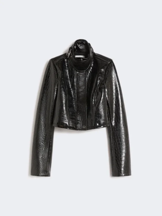 Patent leather cropped jacket with alligator print, black Patent leather cropped jacket with alligator print, black