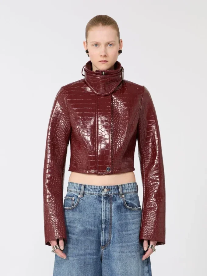 Patent leather cropped jacket with alligator print, dark red Patent leather cropped jacket with alligator print, dark red