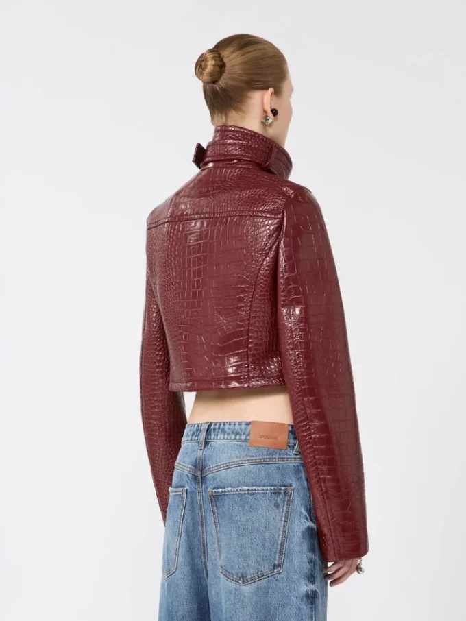 Patent leather cropped jacket with alligator print, dark red Patent leather cropped jacket with alligator print, dark red