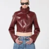 Patent leather cropped jacket with alligator print, dark red Patent leather cropped jacket with alligator print, dark red