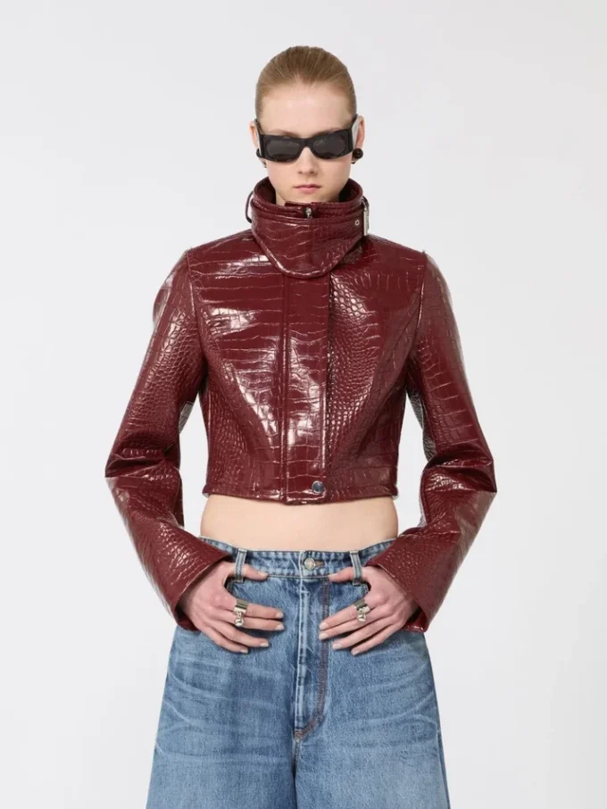 Patent leather cropped jacket with alligator print, dark red Patent leather cropped jacket with alligator print, dark red