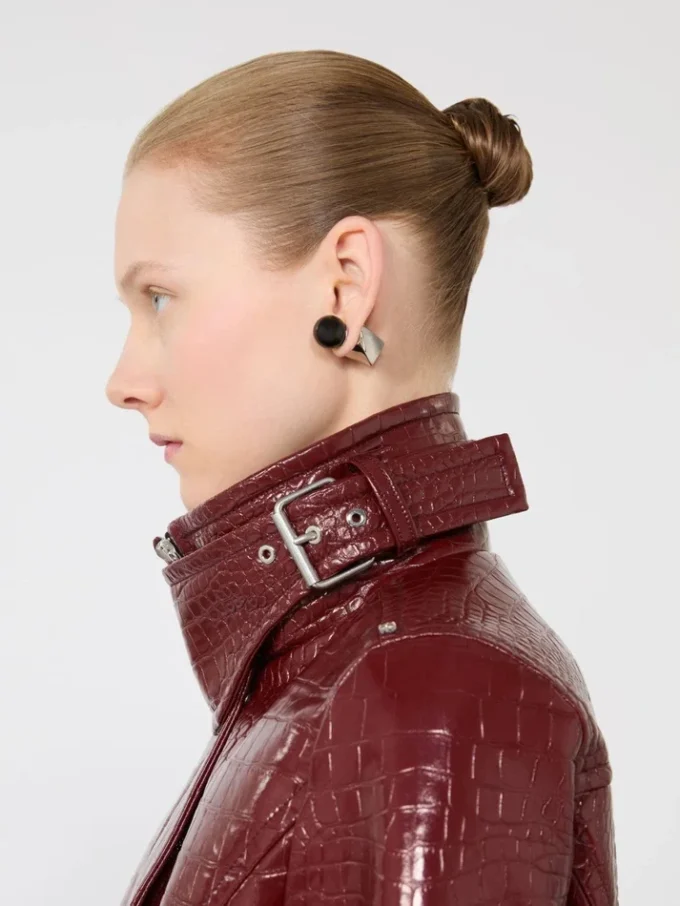 Patent leather cropped jacket with alligator print, dark red Patent leather cropped jacket with alligator print, dark red