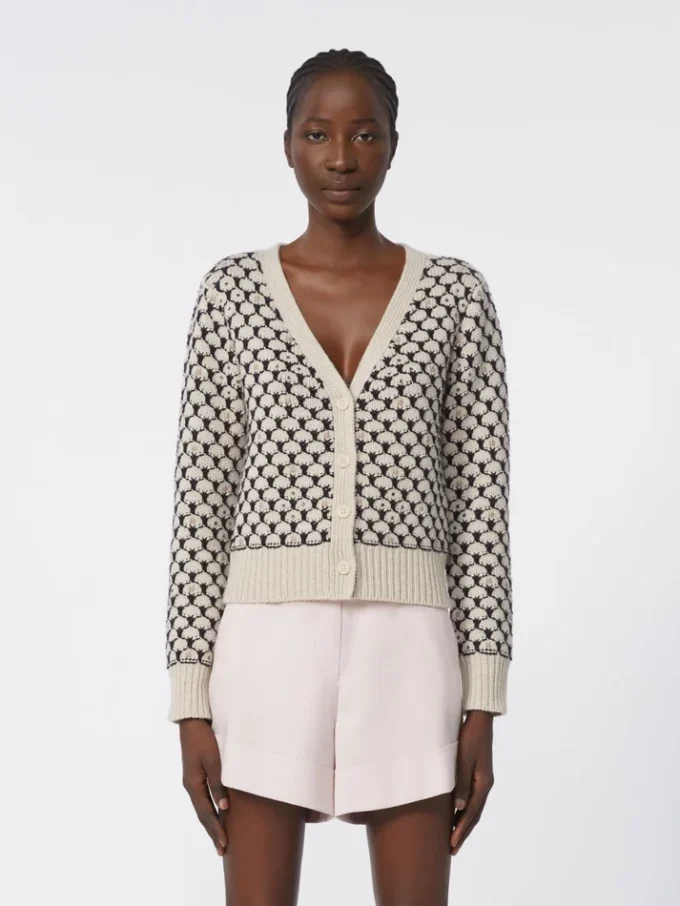 Patterned wool and cashmere cardigan, beige Patterned wool and cashmere cardigan, beige