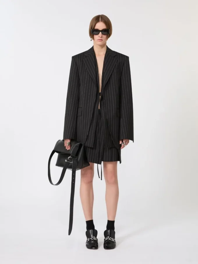Pinstripe gabardine mini skirt, black