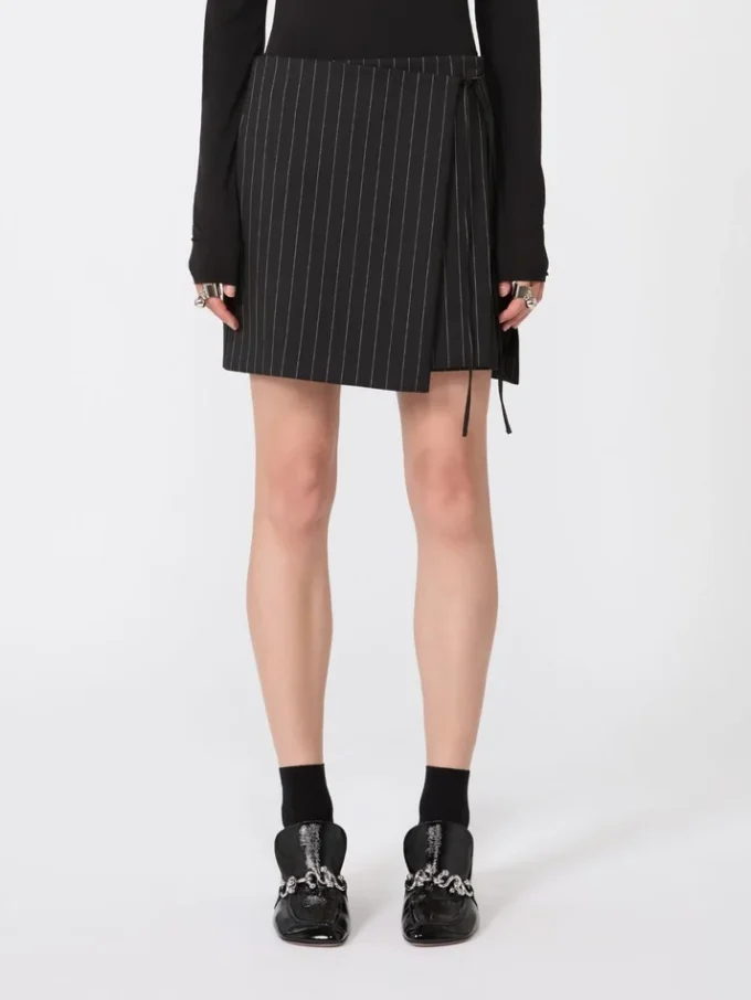 Pinstripe gabardine mini skirt, black