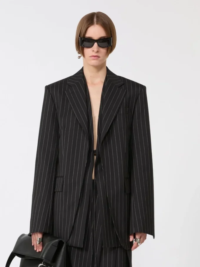 Pinstripe gabardine tailored blazer, black Pinstripe gabardine tailored blazer, black