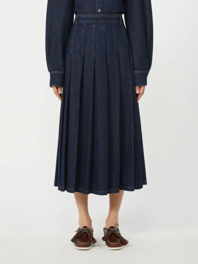 Pleated denim skirt, navy