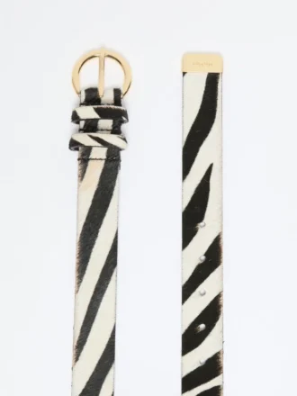 Pony hair-look printed leather belt, white