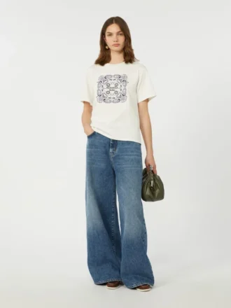Print and embroidery-adorned cotton t-shirt, white