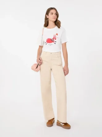 Print and embroidery-adorned cotton t-shirt, white
