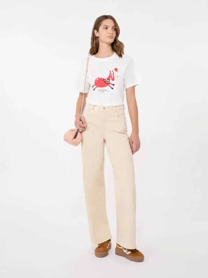 Print and embroidery-adorned cotton t-shirt, white Print and embroidery-adorned cotton t-shirt, white