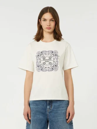 Print and embroidery-adorned cotton t-shirt, white