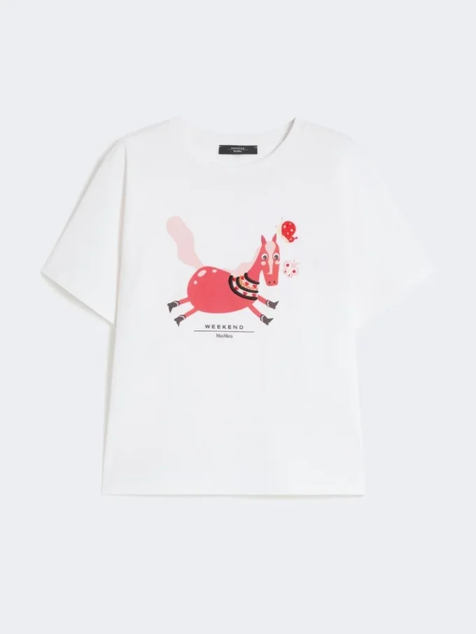 Print and embroidery-adorned cotton t-shirt, white Print and embroidery-adorned cotton t-shirt, white