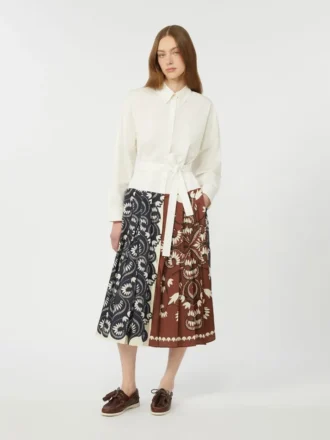 Printed cotton and twill shirt dress, white