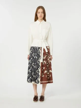 Printed cotton and twill shirt dress, white