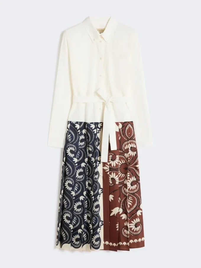 Printed cotton and twill shirt dress, white Printed cotton and twill shirt dress, white