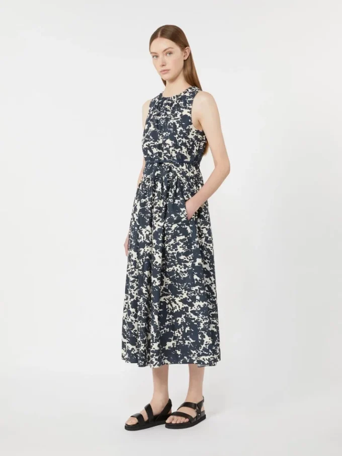 Printed cotton dress with belt, ultramarine Printed cotton dress with belt, ultramarine