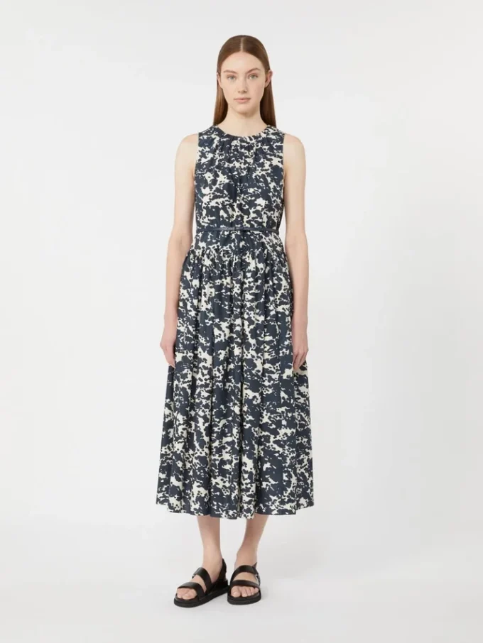 Printed cotton dress with belt, ultramarine Printed cotton dress with belt, ultramarine