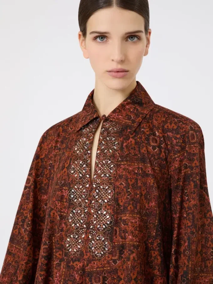 Printed cotton kaftan dress, caramel Printed cotton kaftan dress, caramel