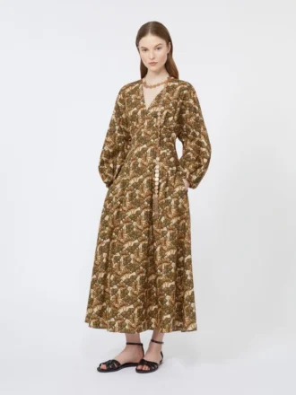 Printed cotton poplin dress, natural