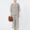Printed crepe de chine trousers, light blue