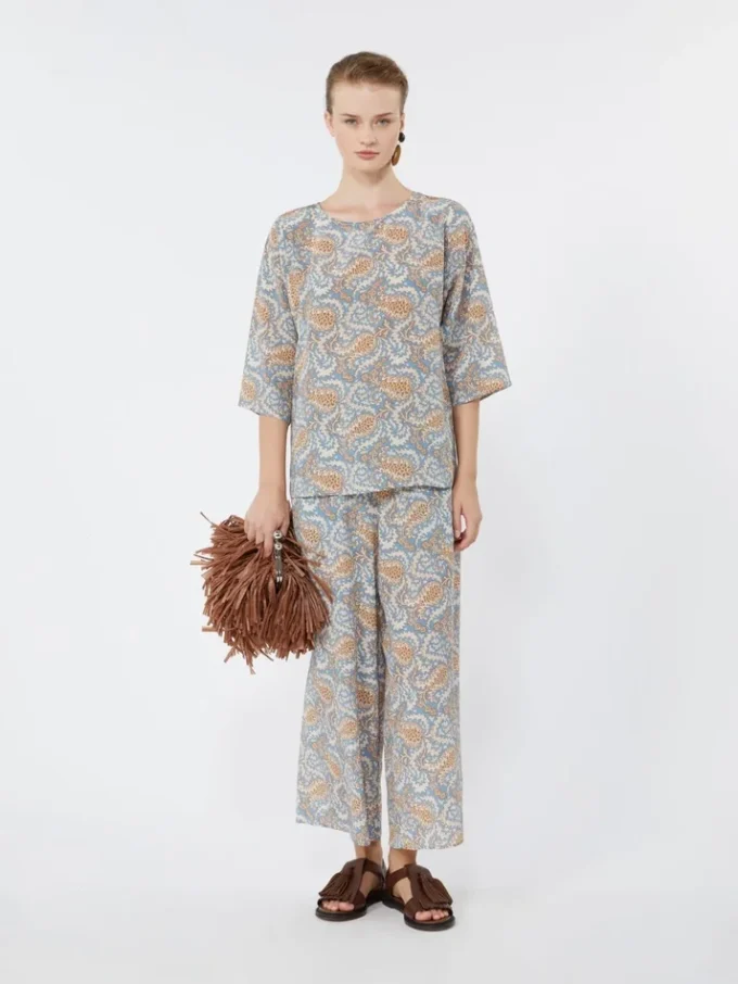 Printed crepe de chine trousers, light blue