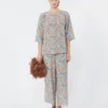 Printed silk crepe de chine blouse, light blue
