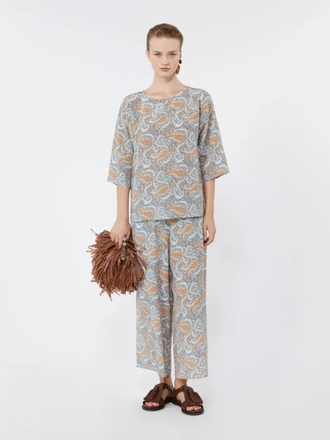 Printed silk crepe de chine blouse, light blue