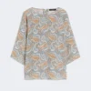 Printed silk crepe de chine blouse, light blue