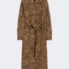Printed silk crepe de chine shirt dress, camel