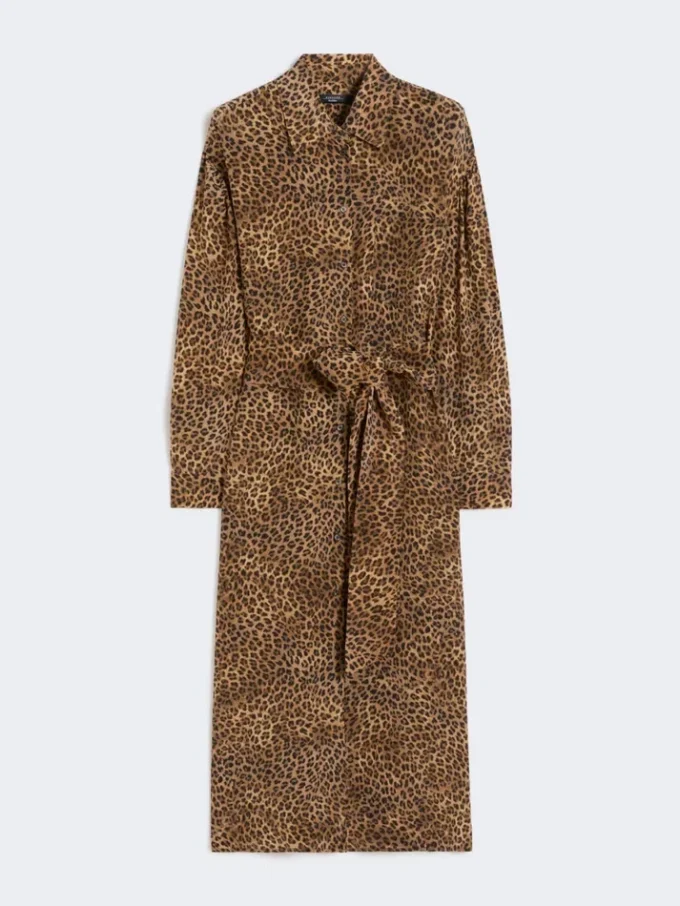 Printed silk crepe de chine shirt dress, camel