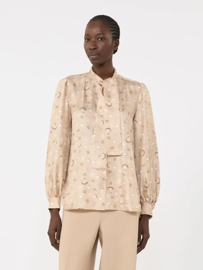 Printed silk pussy-bow shirt, albino