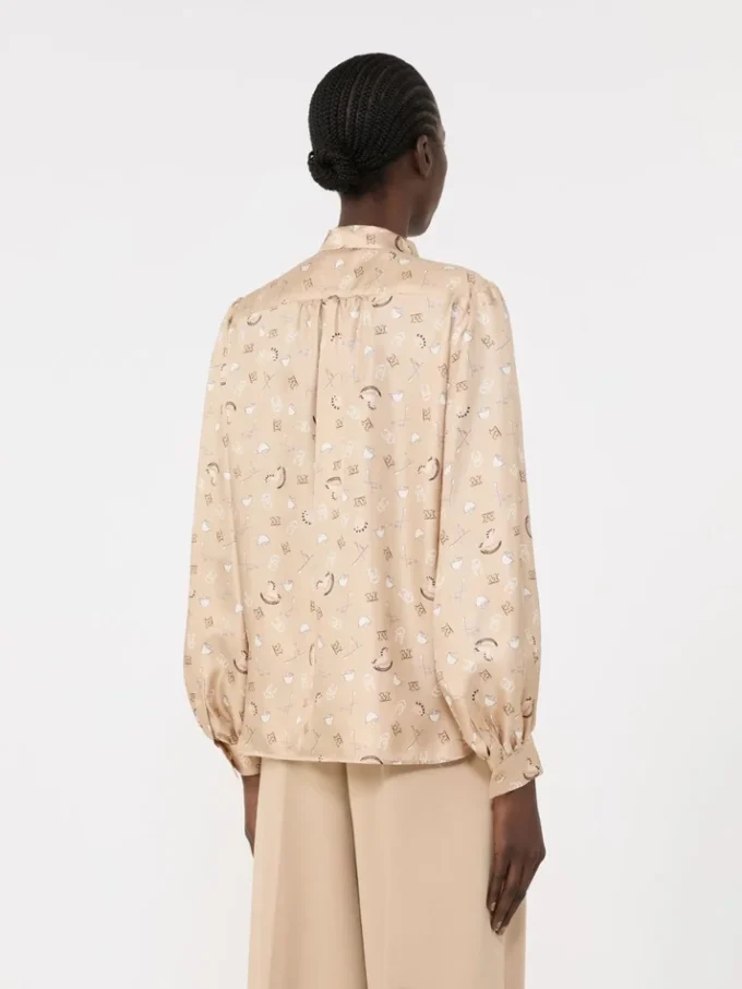 Printed silk pussy-bow shirt, albino