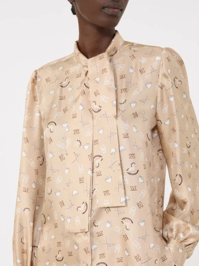 Printed silk pussy-bow shirt, albino