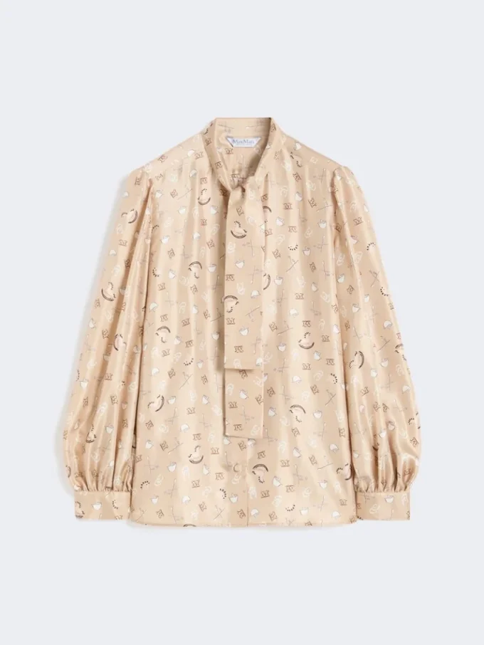 Printed silk pussy-bow shirt, albino